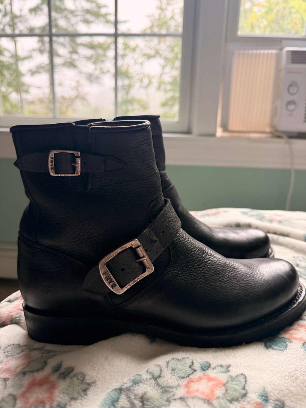 Frye Black Leather Harness Ankle Boots with Silver Buckles